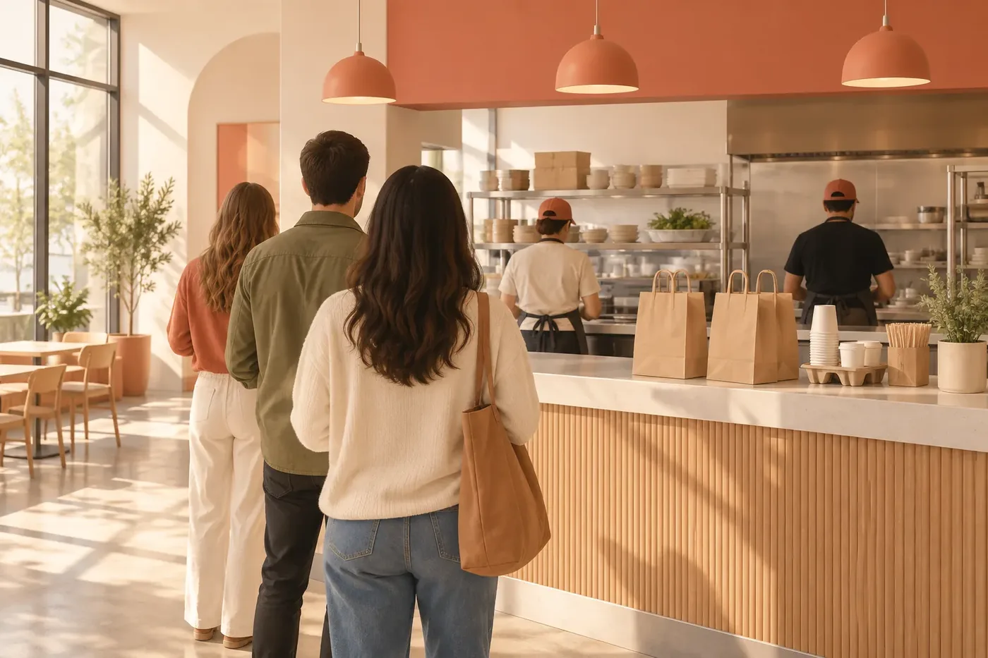 Illustration of a quiet quick-service restaurant counter scene, decorative