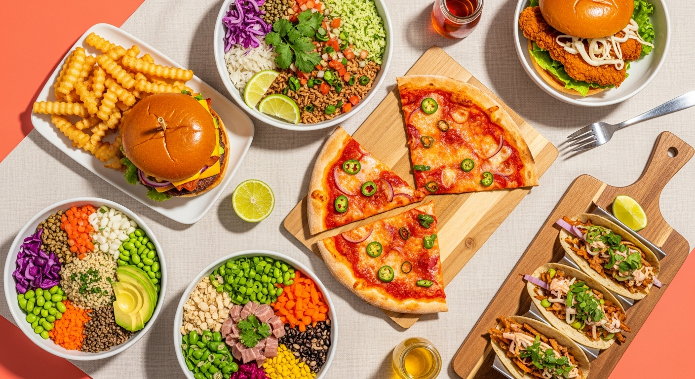 A spread of fast-casual American food including burgers, burrito bowls, pizza and grain bowls